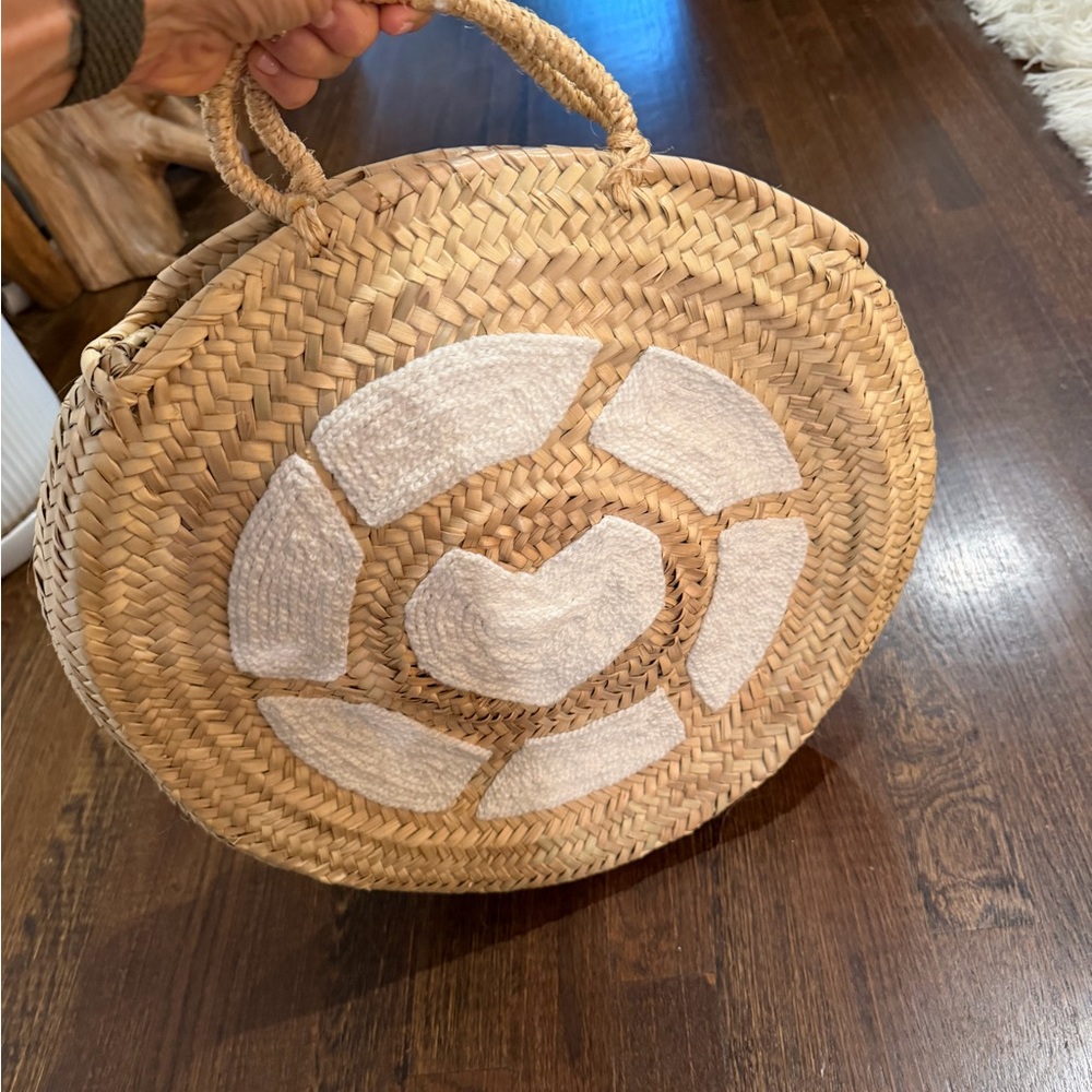 Round Woven Straw Tote Bag with White Accents